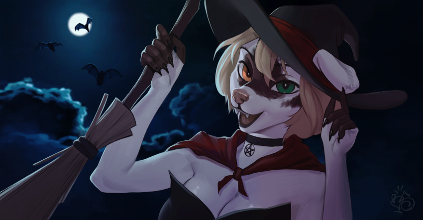 absurd_res anthro blumenseele canid canine canis clothed clothing domestic_dog female halloween hat headgear headwear hi_res holidays looking_at_viewer magic_user mammal marta_moran moon mythology night open_mouth smile solo white_body witch witch_costume witch_hat