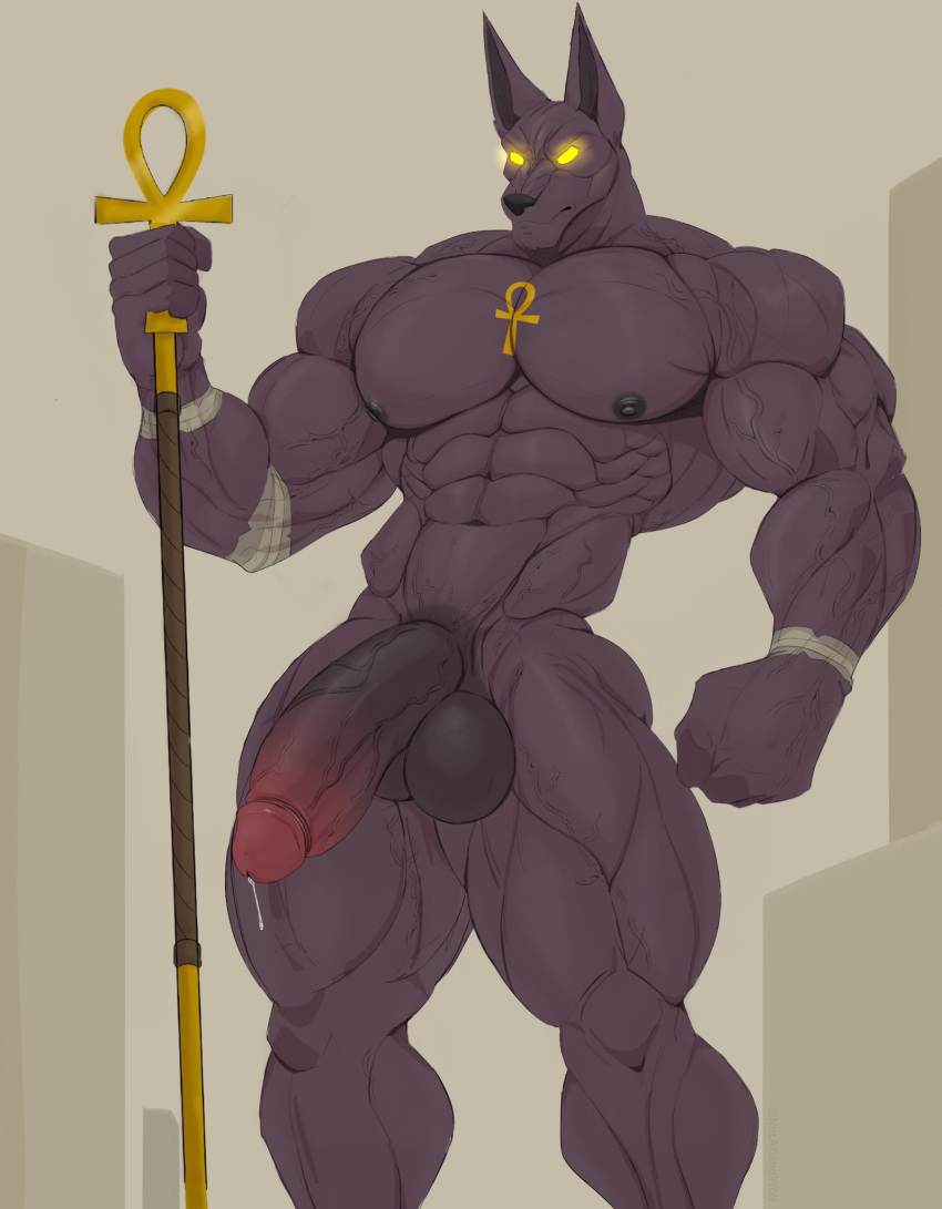 abs anthro anubian_jackal anubis balls bandage biceps canid canine canis deity egyptian_mythology genitals hi_res jackal male mammal middle_eastern_mythology muscular muscular_anthro muscular_male mythology nipples pecs penis reachea solo staff vein veiny_muscles veiny_penis