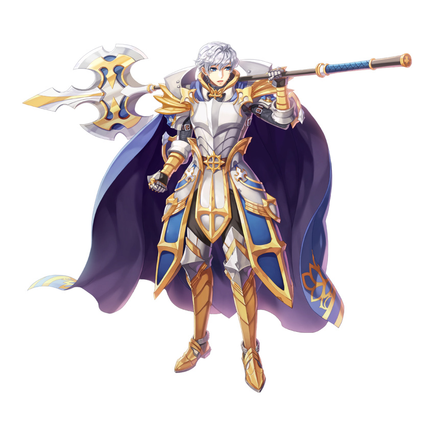 1boy armor armored_boots blue_cape blue_eyes boots breastplate cape clenched_hand cross_of_prontera faulds full_body gauntlets grey_hair hair_between_eyes highres holding holding_polearm holding_weapon leona_(pixiv) looking_afar looking_to_the_side male_focus medium_bangs official_alternate_costume official_art open_mouth over_shoulder pauldrons polearm ragnarok_online royal_guard_(ragnarok_online) short_hair shoulder_armor simple_background solo spear standing tachi-e transparent_background weapon weapon_over_shoulder