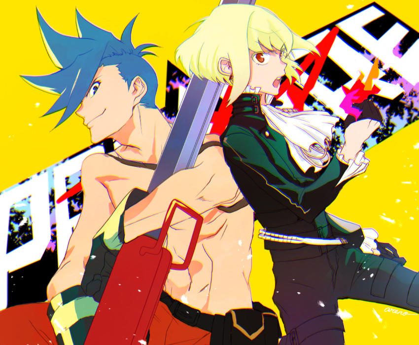 2boys areno asymmetrical_hair back-to-back biker_clothes earrings fire firefighter firefighter_jacket galo_thymos green_hair jacket jewelry leather leather_pants lio_fotia mad_burnish male_focus matoi mohawk multiple_boys otoko_no_ko pants pink_fire promare purple_fire pyrokinesis sidecut spiked_hair topless_male triangle_earrings undercut