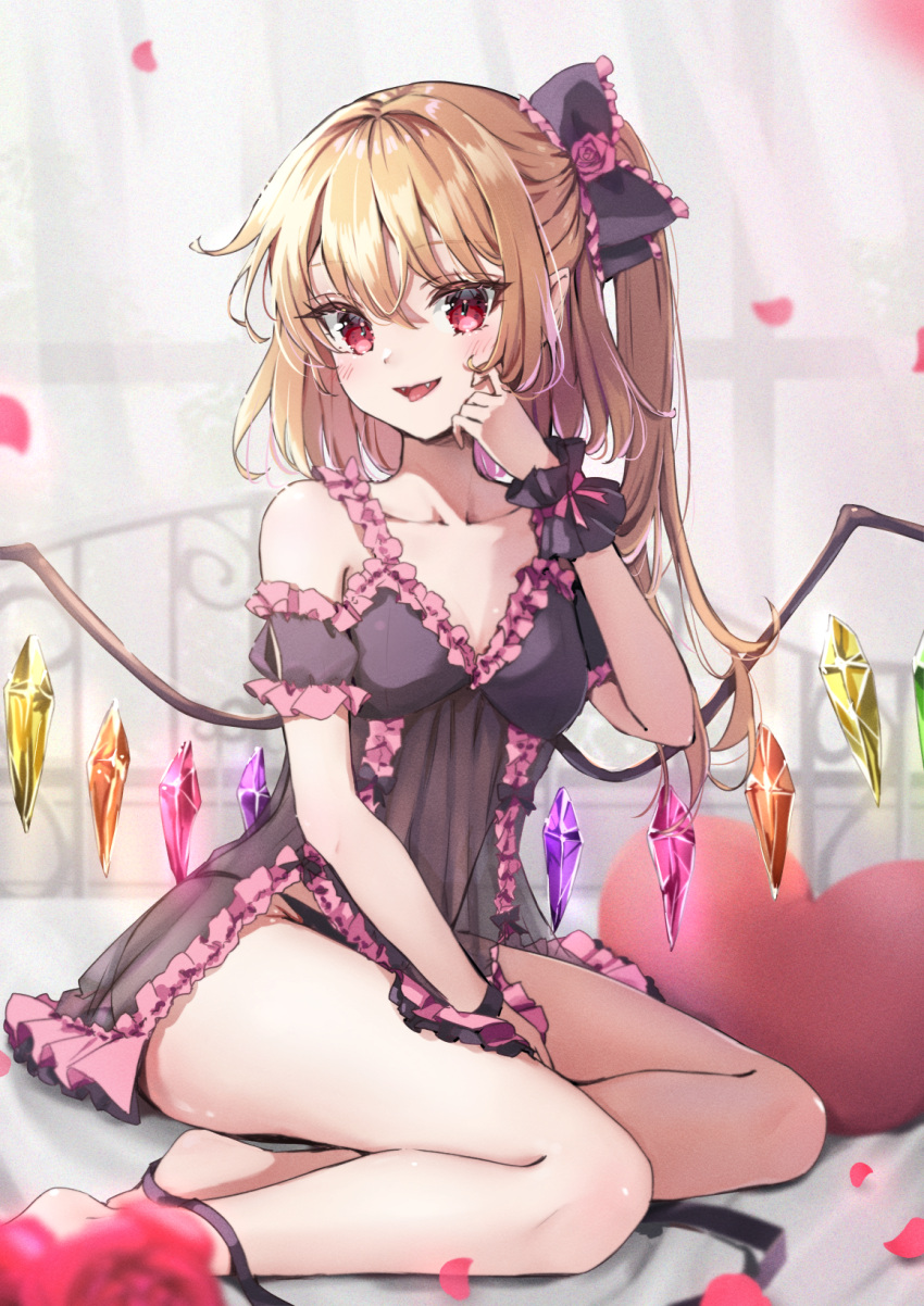 1girl ass babydoll barefoot bed black_babydoll black_panties blonde_hair blush breasts collarbone crystal fangs flandre_scarlet highres indoors long_hair looking_at_viewer one_side_up open_mouth panties petals pointy_ears red_eyes shironeko_yuuki small_breasts solo touhou underwear underwear_only window wings wrist_cuffs