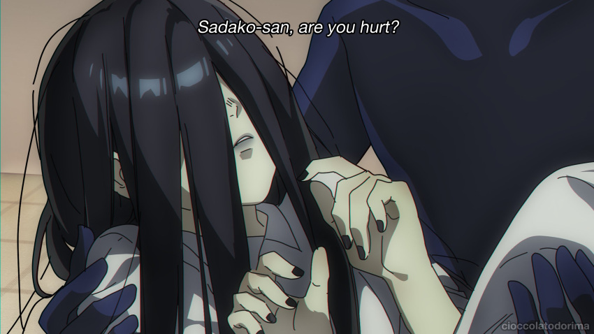 1girl 1other artist_name black_hair black_nails carrying cioccolatodorima covered_eyes english_text hair_over_eyes highres long_bangs meme parted_lips princess_carry solo_focus subtitled the_ring watermark yamamura_sadako