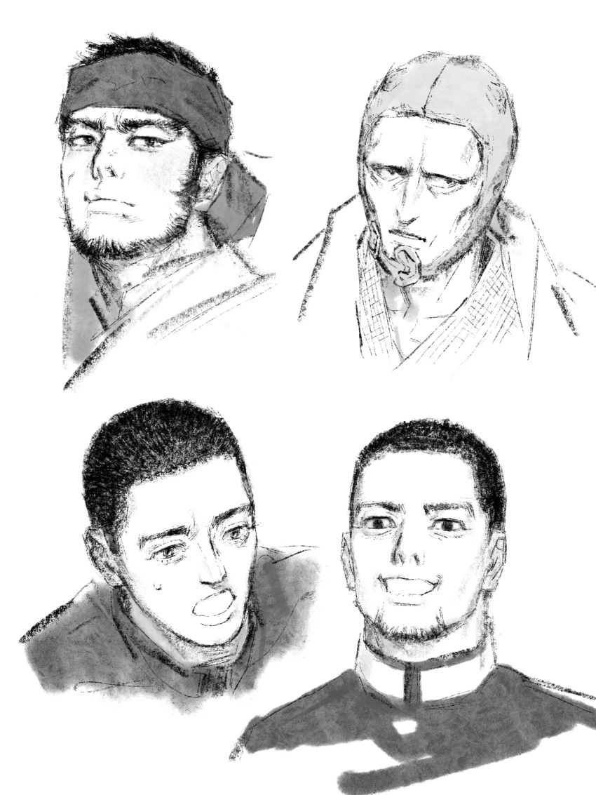 4boys beard character_request chengongzi123 closed_mouth facial_hair golden_kamuy greyscale grin highres looking_at_viewer male_focus military_uniform monochrome multiple_boys ogata_hyakunosuke portrait short_hair sideburns simple_background smile tanigaki_genjirou uniform very_short_hair white_background