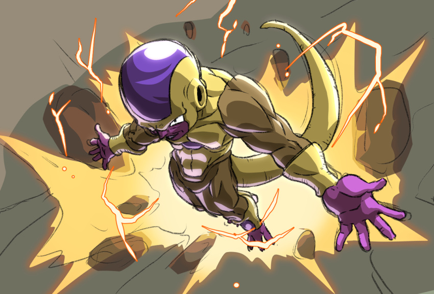 1boy aura colored_skin dragon_ball dragon_ball_super dragon_ball_z dragon_ball_z_fukkatsu_no_f electricity frieza from_above gold_skin golden_frieza king_of_unlucky multicolored_skin navel outstretched_arms purple_skin rock spread_arms tail yellow_skin