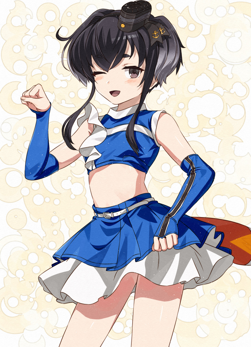 1girl absurdres alternate_costume arm_warmers black_hair blue_skirt blush breasts brown_eyes cheerleader commission crop_top fox_tail gradient_hair grey_hair hairband hat highres hokkaido_nippon-ham_fighters kanmiya_shinobu kantai_collection kitsune_dance looking_at_viewer mini_hat miniskirt multicolored_hair nippon_professional_baseball one_eye_closed open_mouth paw_pose pleated_skirt short_hair short_hair_with_long_locks skeb_commission skirt small_breasts smile solo tail tokitsukaze_(kancolle)