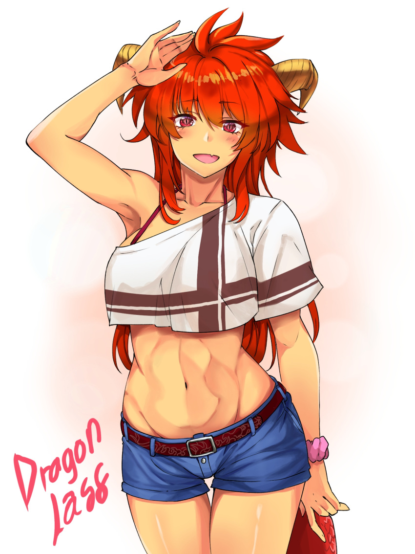 1girl :d arm_up belt blush brown_belt character_request commentary_request copyright_request cowboy_shot crop_top crop_top_overhang denim denim_shorts exiledawn highres horns long_hair looking_at_viewer midriff navel open_mouth red_eyes red_hair shirt short_shorts short_sleeves shorts single-shoulder_shirt single_bare_shoulder single_sleeve smile solo standing stomach thighs very_long_hair white_shirt