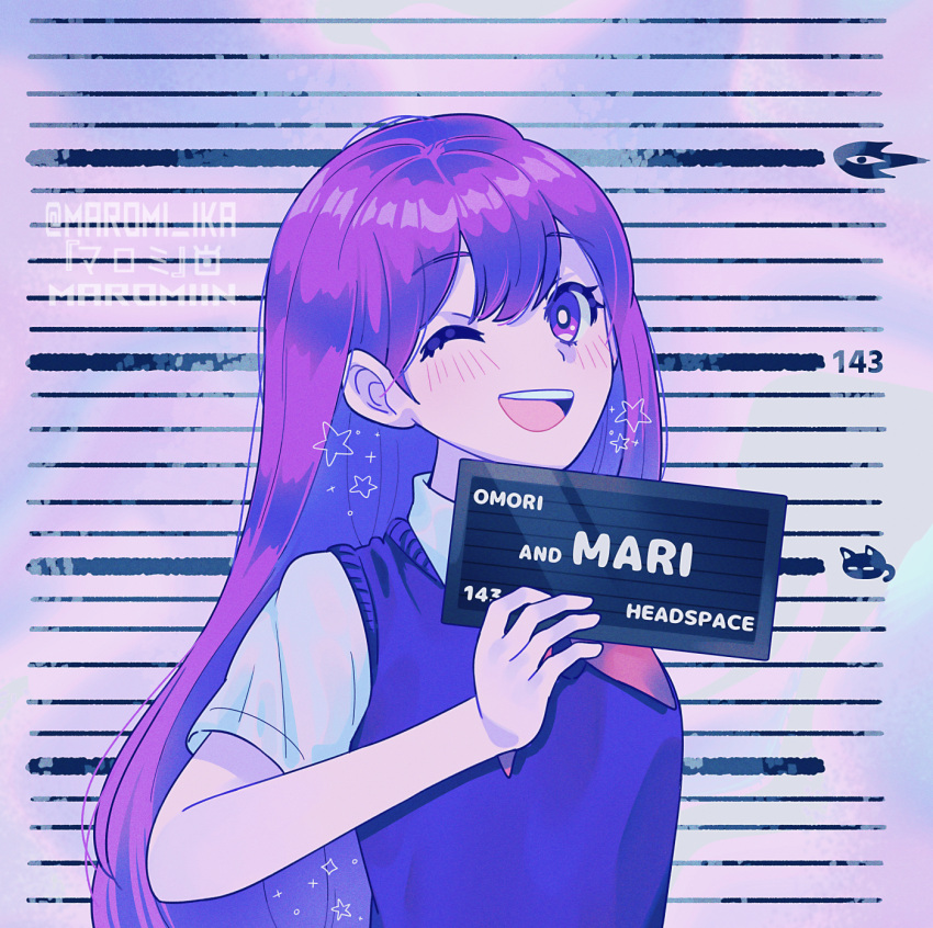 1girl artist_name barbie_mugshot_(meme) blush bright_pupils collared_shirt hair_behind_ear hair_between_eyes highres holding long_hair looking_at_viewer mari_(headspace)_(omori) mari_(omori) maromichan meme neckerchief omori one_eye_closed open_mouth purple_eyes purple_hair purple_sweater_vest red_neckerchief shirt short_sleeves smile solo something_(omori) star_(symbol) sweater_vest teeth upper_teeth_only white_pupils white_shirt