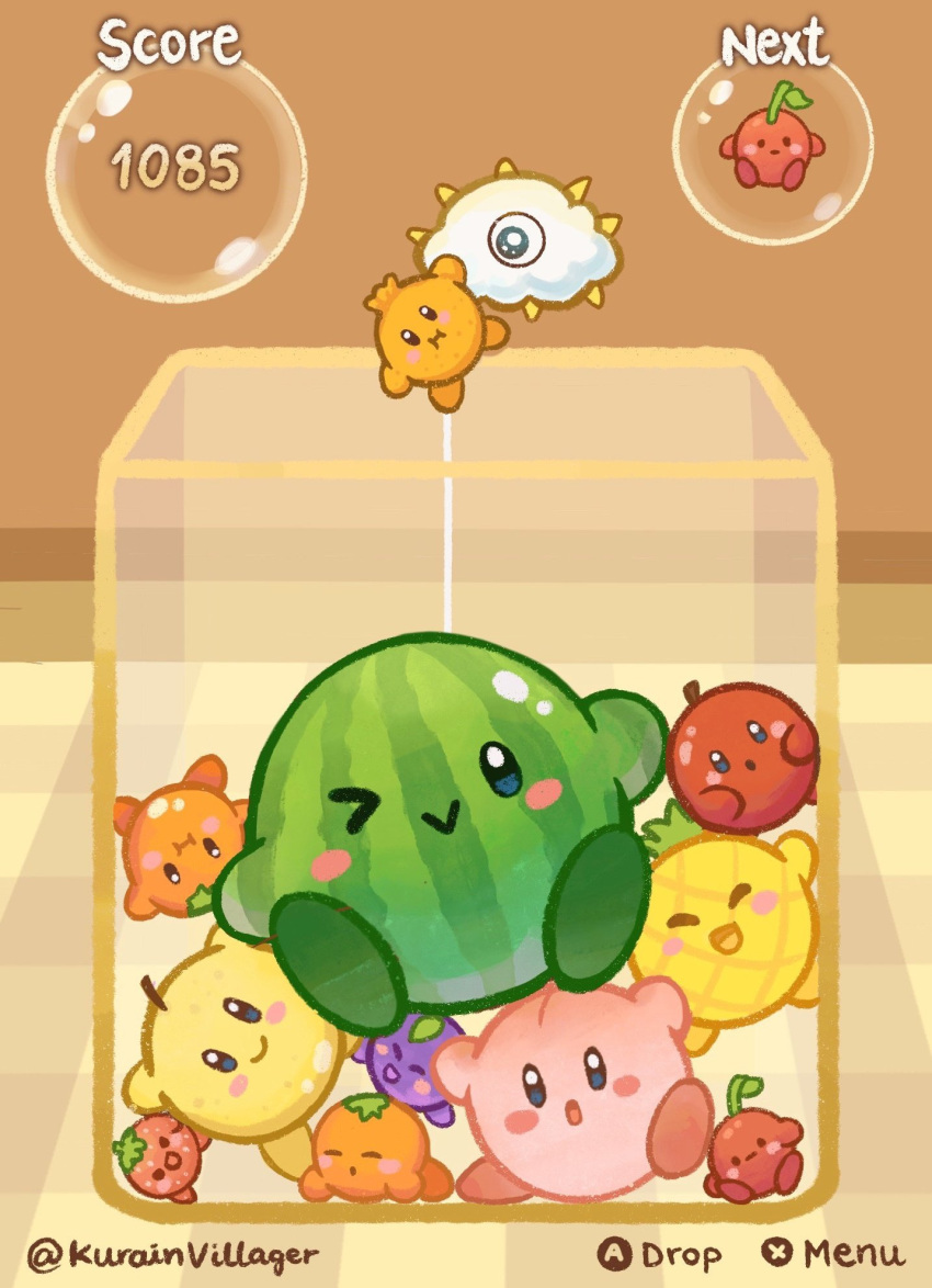 :i ;&gt; alternate_color apple blush_stickers box brown_background bubble cherry cloud facing_viewer fake_screenshot food fruit highres in_box in_container kirby kirby_(series) kracko kurain_villager looking_at_viewer lying no_humans on_stomach one-eyed orange_(fruit) parody peach pineapple strawberry suika_game twitter_username watermelon