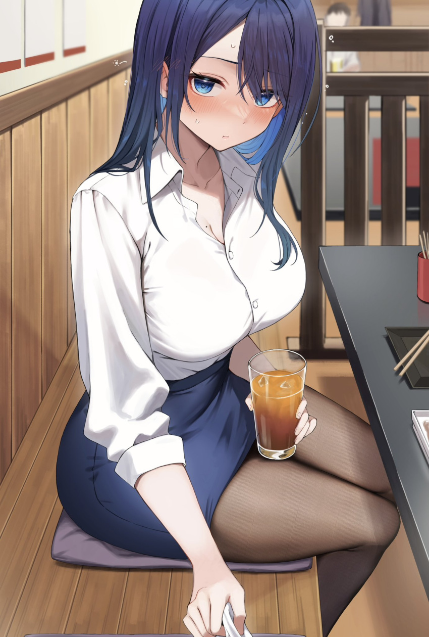 1girl 1other bar_(place) blue_eyes blue_hair blue_skirt blush breasts chopsticks closed_mouth collarbone collared_shirt colored_inner_hair cup drink highres holding holding_cup holding_drink ice ice_cube indoors large_breasts mole mole_on_breast multicolored_hair original pencil_skirt plate purple_hair shirt skirt solo_focus udon_(udonalium) white_shirt