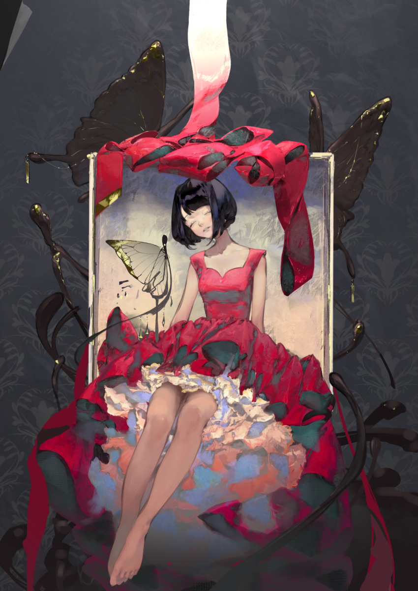 1girl barefoot black_hair bob_cut box bug butterfly closed_eyes dress facing_viewer full_body highres mallllma original parted_lips patterned_background pink_dress short_hair sitting sleeveless sleeveless_dress solo valentine