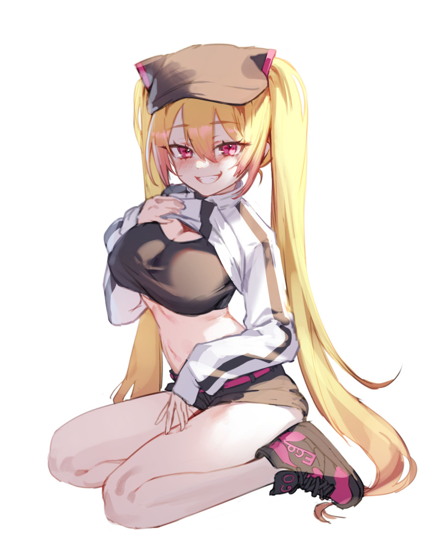 1girl absurdres animal_ear_headwear bare_legs baseball_cap belt black_footwear black_headwear black_shirt black_shorts blonde_hair breasts choi_ego cleavage commission crop_top grin hair_between_eyes hair_through_headwear hand_on_own_chest hand_up hat highres kokko_(kokko3045) large_breasts long_hair long_sleeves looking_at_viewer micro_shorts midriff navel original red_eyes second-party_source shirt shoes shorts shrug_(clothing) simple_background sitting smile sneakers solo stomach thighs twintails very_long_hair white_background