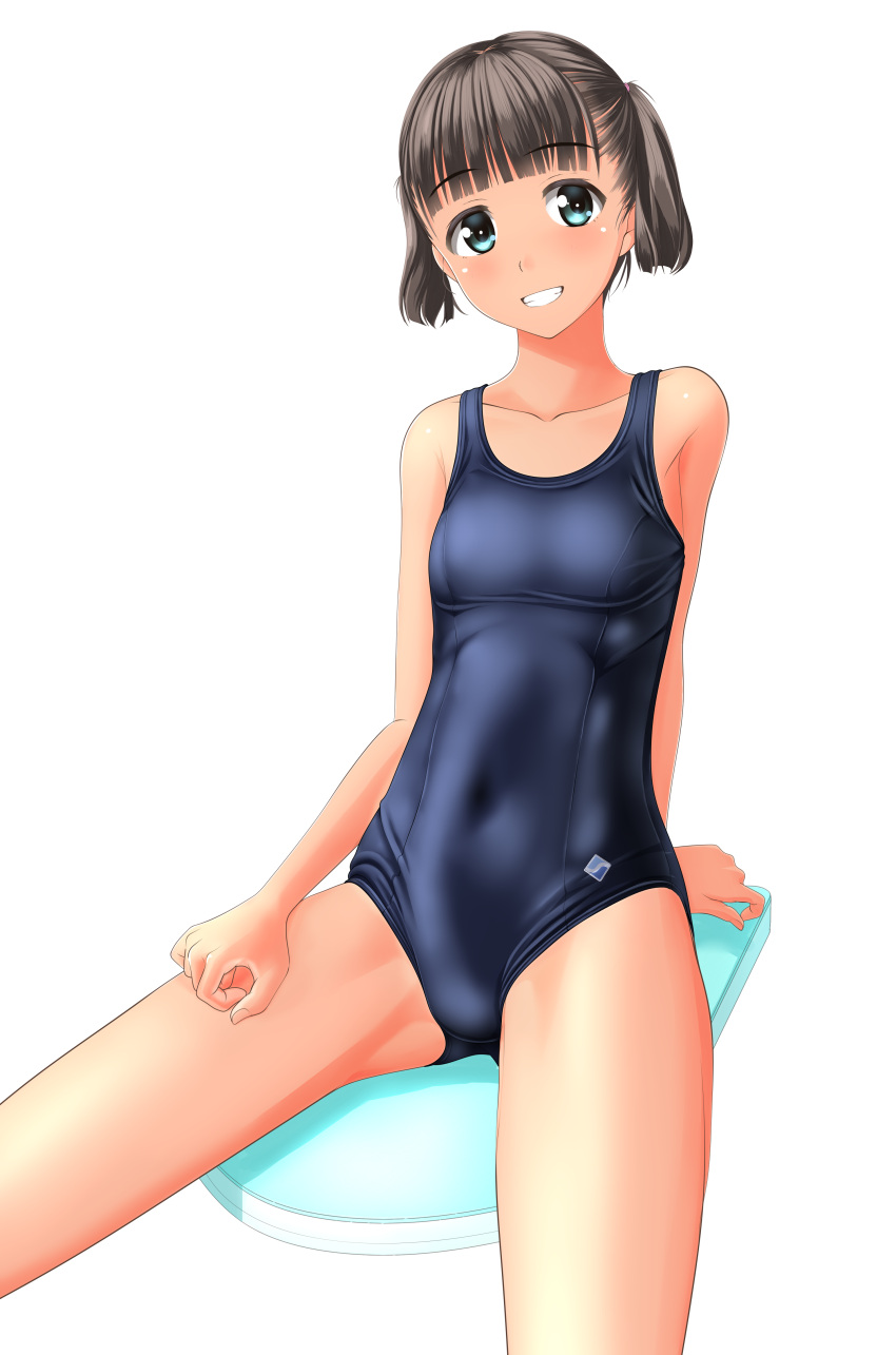 1girl absurdres black_hair blue_swimsuit breasts collarbone cowboy_shot green_eyes grin highres kickboard looking_at_viewer navel new_school_swimsuit original school_swimsuit short_hair simple_background small_breasts smile solo swimsuit takafumi tan twintails white_background