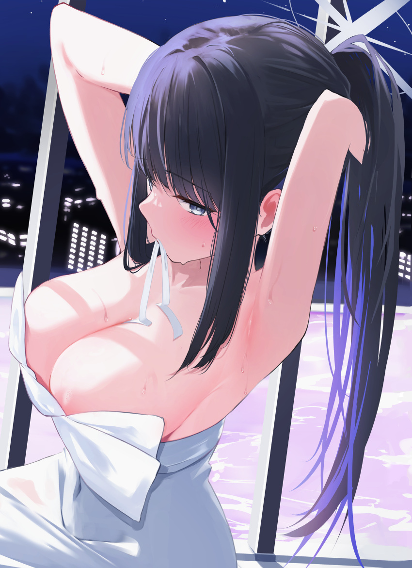 1girl absurdres armpits arms_up black_hair blue_archive blue_eyes breasts collarbone colored_inner_hair dress grey_halo hair_tie_in_mouth halo highres indoors kayoko_(blue_archive) kayoko_(dress)_(blue_archive) large_breasts memekko mouth_hold multicolored_hair night night_sky official_alternate_costume ribbon ribbon_in_mouth saori_(dress)_(blue_archive) sky solo tying_hair white_dress white_ribbon