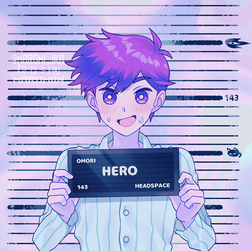 1boy antenna_hair aqua_pajamas artist_name barbie_mugshot_(meme) blush buttons collared_shirt colored_skin furrowed_brow hair_behind_ear hair_between_eyes hero_(headspace)_(omori) hero_(omori) highres holding long_sleeves looking_at_viewer maromichan meme omori open_mouth pajamas purple_eyes purple_hair purple_skin shirt short_hair smile solo something_(omori) striped_clothes striped_pajamas striped_shirt sweat vertical-striped_clothes vertical-striped_pajamas vertical-striped_shirt white_pajamas