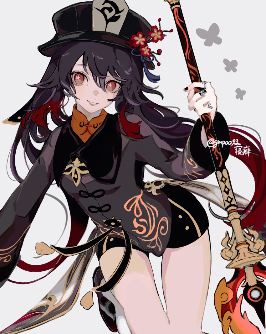 1girl absurdres bare_legs black_headwear black_shorts brown_hair brown_jacket cowboy_shot flower flower-shaped_pupils genshin_impact gmpoo93 hat hat_flower highres holding holding_polearm holding_weapon hu_tao_(genshin_impact) jacket jewelry long_hair long_sleeves looking_to_the_side mandarin_collar multicolored_hair multiple_rings orange_shirt polearm red_eyes red_hair ring shirt short_shorts shorts simple_background socks solo standing symbol-shaped_pupils weapon white_background white_socks