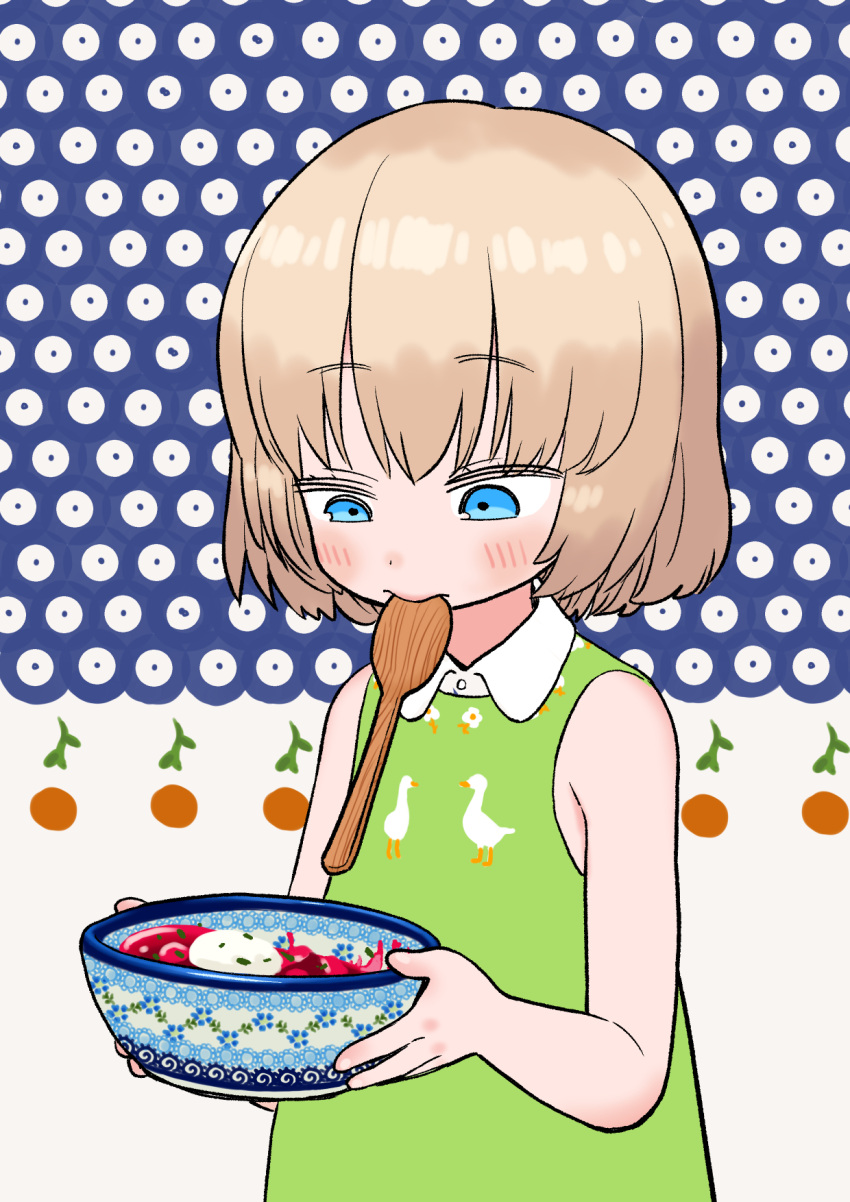 1girl bowl commentary_request dress duck_print girls_und_panzer green_dress highres holding holding_bowl katyusha_(girls_und_panzer) looking_down medium_hair mouth_hold sabaku_chitai solo upper_body wooden_spoon