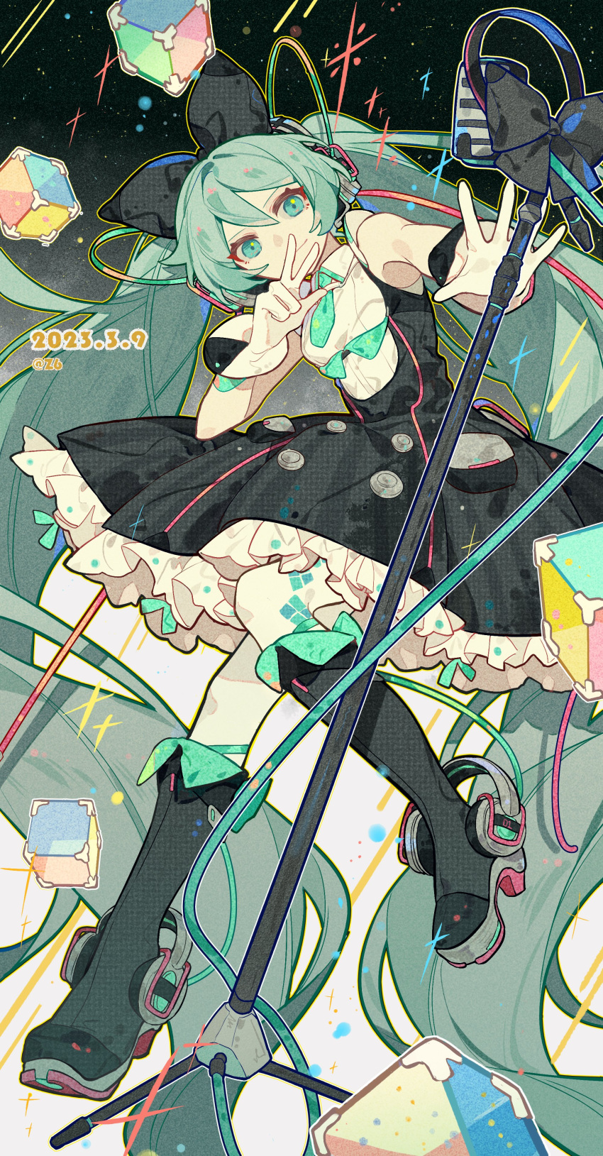 1girl 39_music_(vocaloid) absurdly_long_hair absurdres aqua_eyes aqua_hair bare_shoulders black_background black_bow black_dress black_footwear boots bow buttons cable closed_mouth collared_shirt commentary cube dated dress dress_ribbon eyelashes frilled_dress frills full_body gloves green_necktie green_ribbon hair_bow hashtag_only_commentary hatsune_miku high_heel_boots high_heels highres knee_boots knees long_hair looking_at_viewer magical_mirai_(vocaloid) magical_mirai_miku magical_mirai_miku_(2016) microphone_stand necktie outstretched_hand pink_headphones ribbon shirt short_dress sleeveless sleeveless_shirt smile solo sparkle twintails twitter_username two-tone_background v very_long_hair vocaloid white_background white_gloves white_shirt z6