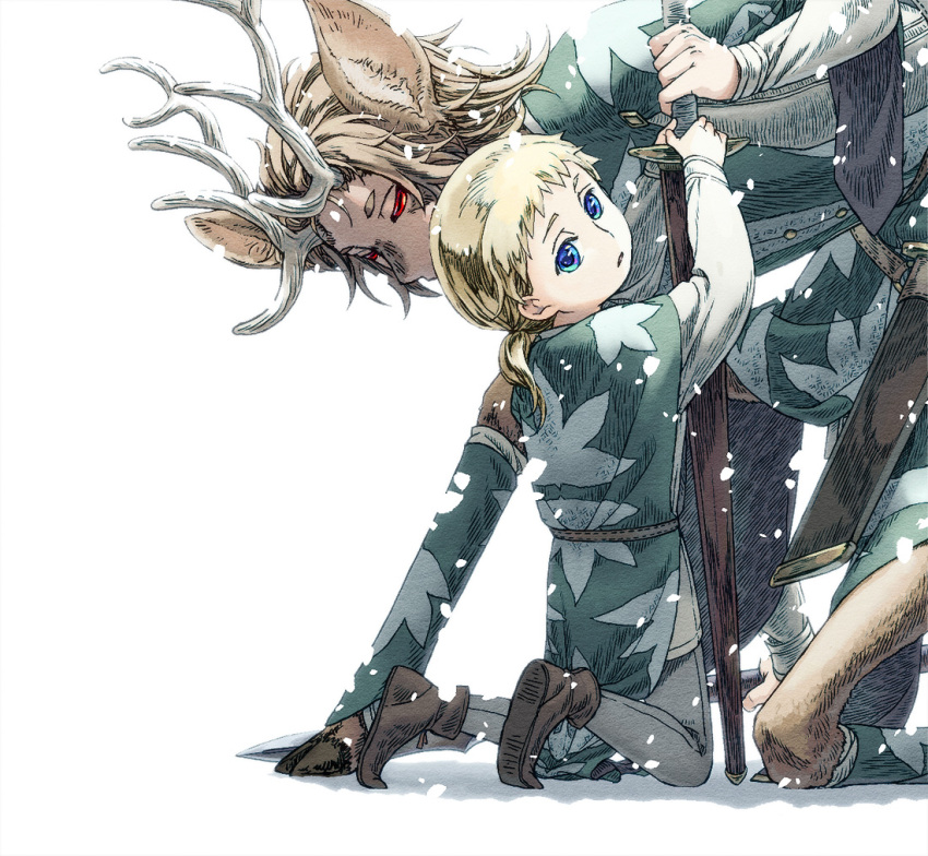 2boys animal_ears ankle_boots antlers arm_support arms_up blonde_hair blue_eyes boots brown_footwear brown_hair centauroid child deer_boy deer_ears facial_hair falling_petals grey_pants holding holding_sword holding_weapon horns kneeling leaning_on_person leaning_to_the_side long_sleeves looking_to_the_side male_focus monster_boy multiple_boys original pants petals ponytail red_eyes shirt shoe_soles short_hair simple_background snowing sword tabard taur watari_taichi weapon white_background white_shirt