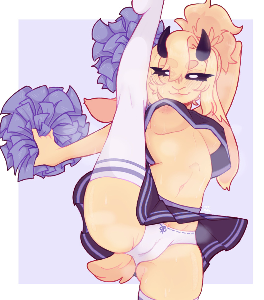 anthro bodily_fluids bovid breasts camel_toe caprine cheerleader crossgender female flexible gaydotpng goat hi_res lace_(lacethecutegoat) mammal mtf_crossgender musk one_leg_up pom_poms raised_leg solo splits spread_legs spreading standing sweat under_boob vertical_splits