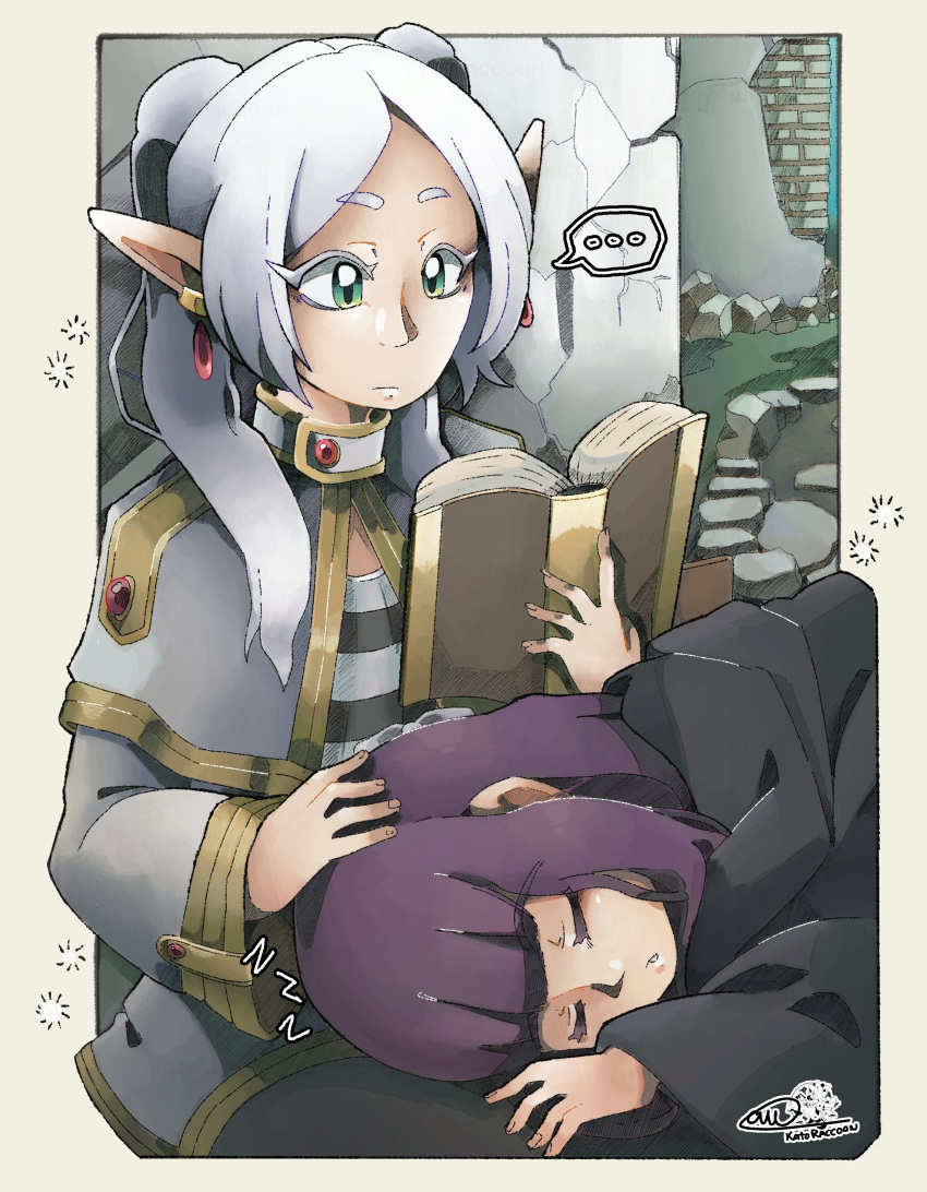 ... 2girls absurdres artist_logo black_robe book border capelet closed_eyes commentary earrings elf english_commentary fern_(sousou_no_frieren) frieren green_eyes highres holding holding_book jewelry kato_raccoon lap_pillow multiple_girls outside_border pointy_ears purple_hair reading robe sidelocks sleeping sousou_no_frieren speech_bubble twintails white_border white_capelet white_hair