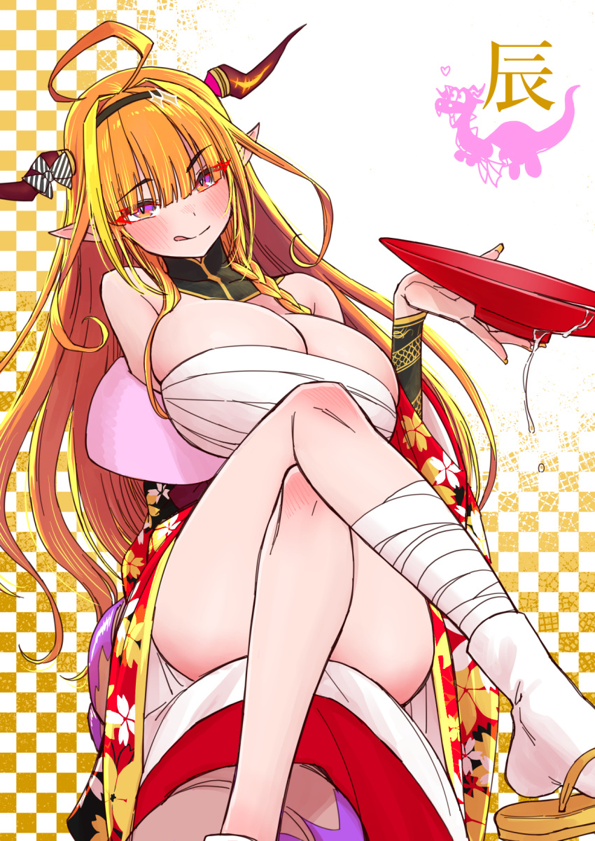 1girl ahoge bandaged_leg bandages black_hairband blonde_hair breasts chest_sarashi commentary crossed_legs cup detached_collar dragon_girl dragon_horns dragon_tail eyes_visible_through_hair hairband hashtag_only_commentary highres hololive horns huge_breasts japanese_clothes kimono kiryu_coco multicolored_hair off_shoulder orange_hair pointy_ears purple_eyes sabaku_chitai sakazuki sandals sarashi sitting_on_own_tail smile socks solo streaked_hair tail tongue tongue_out two-tone_hair virtual_youtuber white_socks