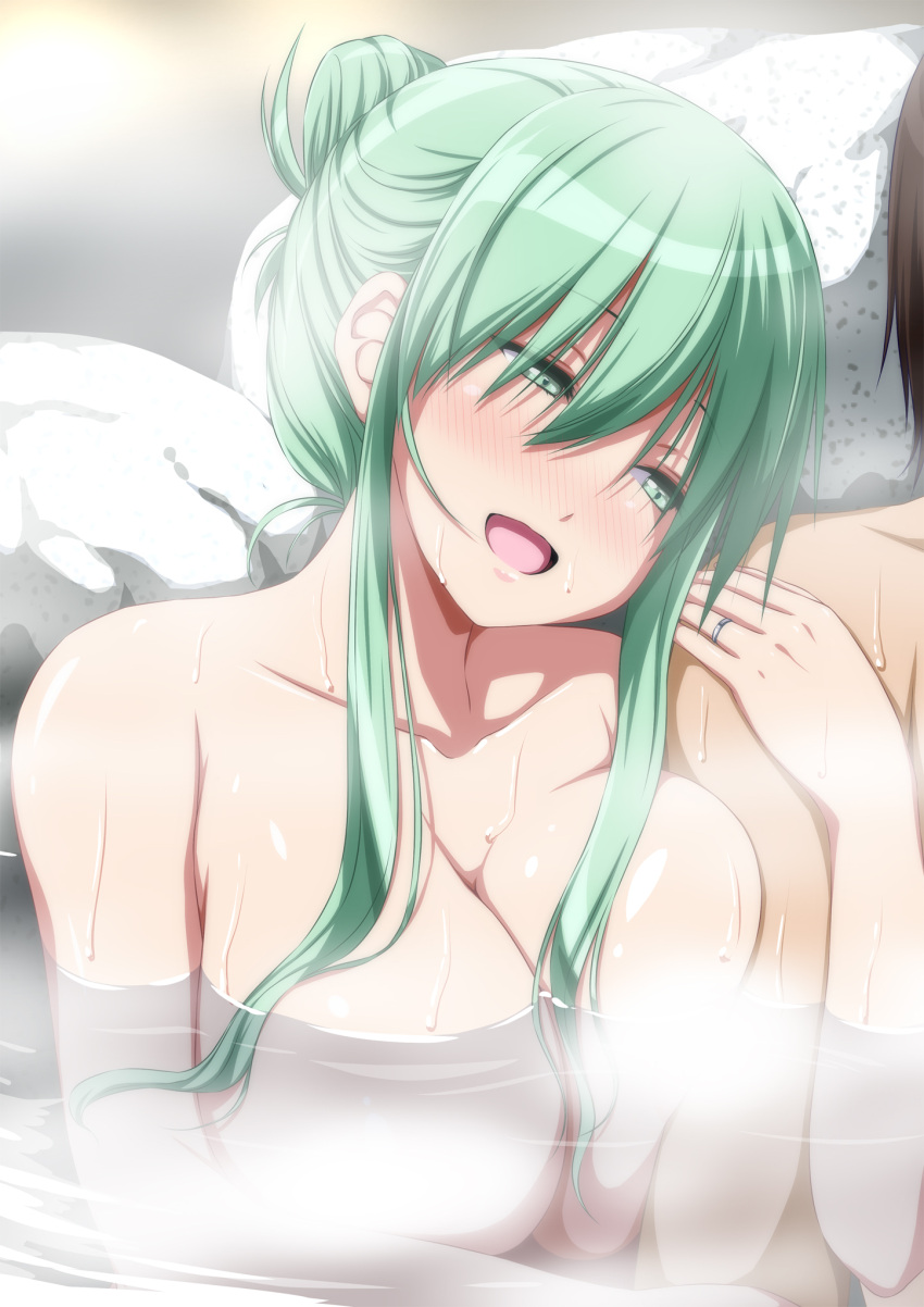 1boy 1girl breasts character_request cleavage commission copyright_request green_eyes green_hair hair_bun highres jewelry large_breasts nori_tamago nude ring sidelocks single_hair_bun skeb_commission smile