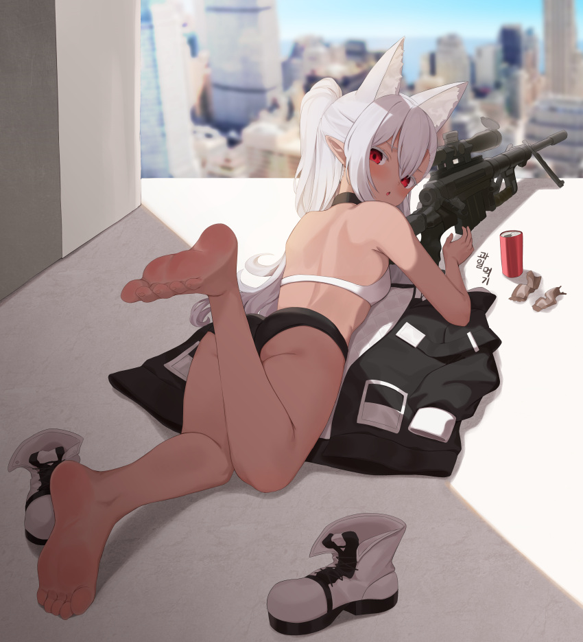 1girl absurdres animal_ear_fluff animal_ears ass back bare_arms bare_back bare_legs bare_shoulders barefoot black_choker black_jacket black_panties blurry bolt_action boots bra breasts cheytac_m200 choker choko_(hrodvitnir) commission depth_of_field extra_ears feet from_behind gun half_updo highres jacket leg_up long_hair looking_at_viewer looking_back lying on_stomach open_mouth original outdoors panties pharamacom pointy_ears red_eyes rifle second-party_source small_breasts sniper_rifle soles solo thighs toes underwear unworn_boots unworn_jacket weapon white_bra white_footwear white_hair wolf_ears