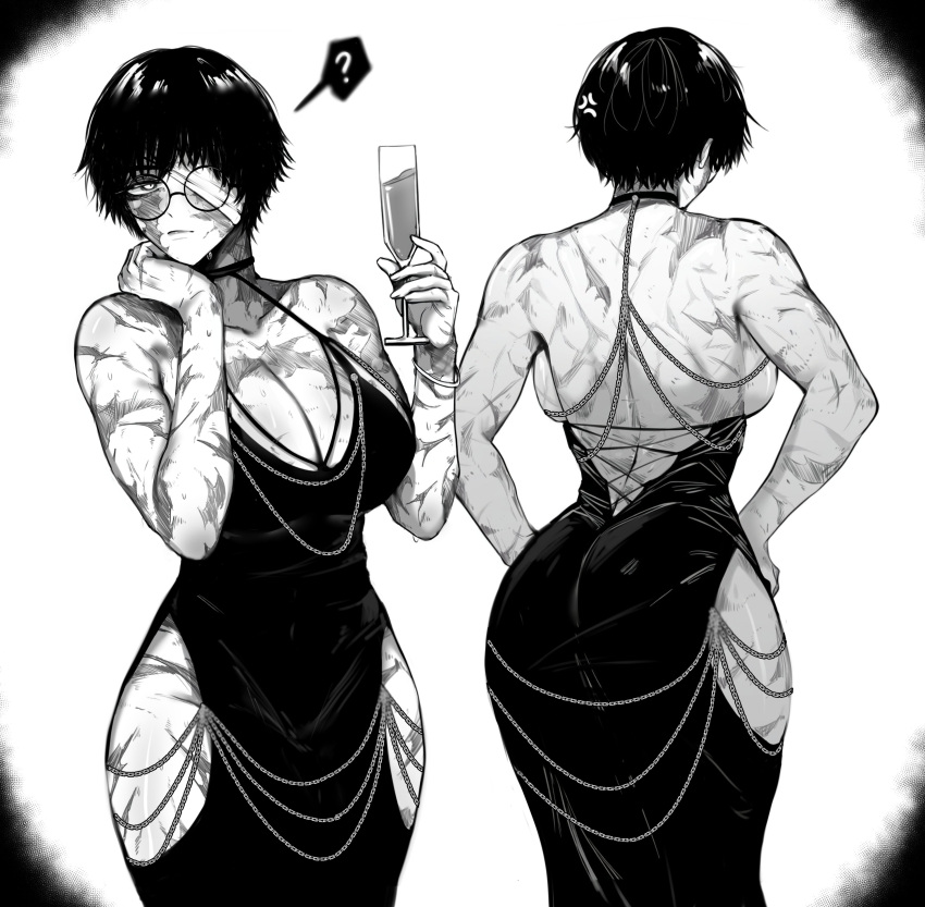 1girl ? absurdres alternate_costume anger_vein ass bandage_over_one_eye bandages breasts cleavage clothing_cutout commentary cup dress english_commentary glass glasses greyscale hands_on_own_hips highres holding holding_cup jujutsu_kaisen large_breasts monochrome muscular muscular_female round_eyewear scar short_hair solo strapless strapless_dress zen'in_maki zovokia