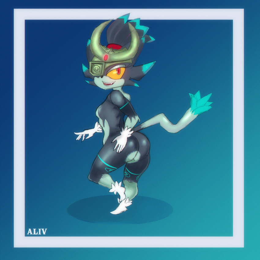 absurd_res aliv141 anthro blaze_the_cat butt clothing domestic_cat felid feline felis female gloves glowing glowing_eyes handwear headgear hi_res imp looking_at_viewer looking_back looking_back_at_viewer mammal midna nintendo sega short_stack simple_background solo sonic_the_hedgehog_(series) tagme the_legend_of_zelda twilight_princess