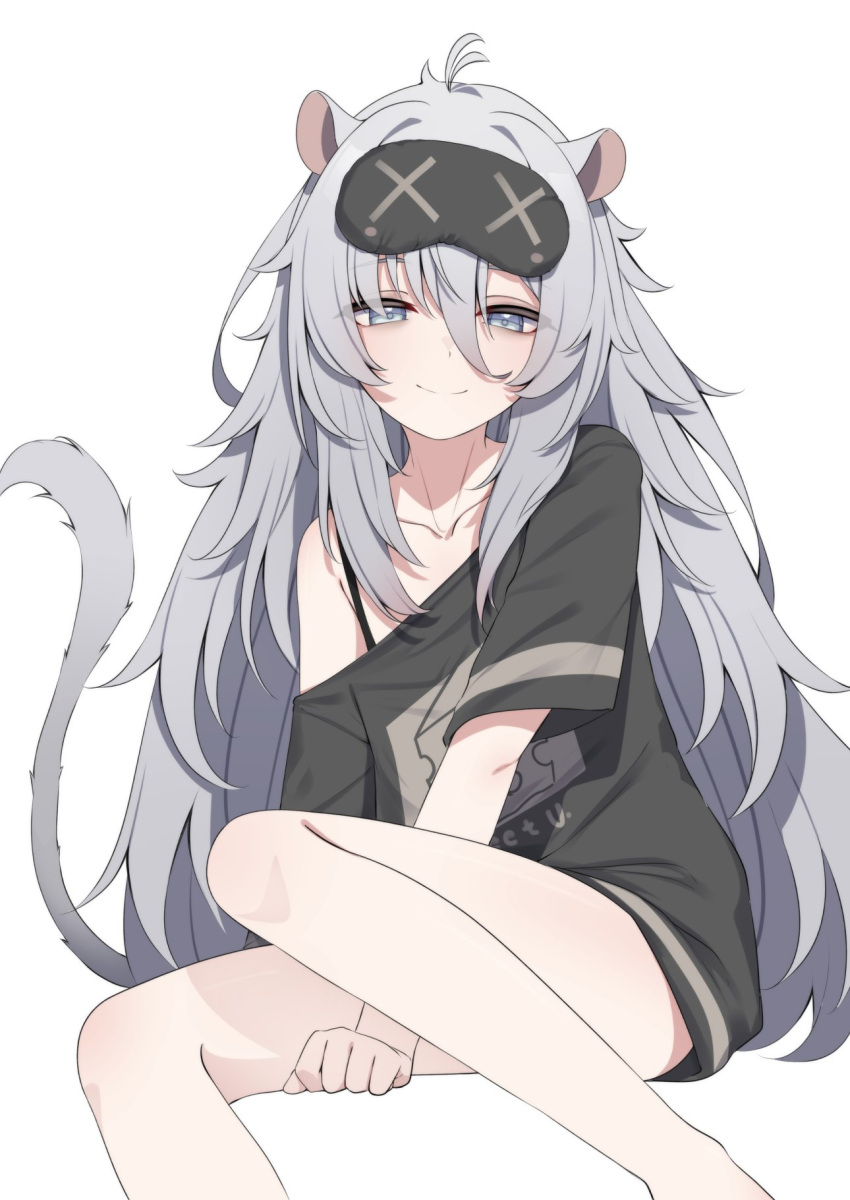 1girl ahoge animal_ears blindfold bra_strap clauvio_(vtuber) clothes_writing collarbone grey_eyes grey_hair highres indie_virtual_youtuber long_hair looking_at_viewer mouse_ears mouse_girl mouse_tail oversized_clothes oversized_shirt print_shirt shirt short_sleeves simple_background sitting smile solo t-shirt tail valefal_coneri very_long_hair virtual_youtuber white_background