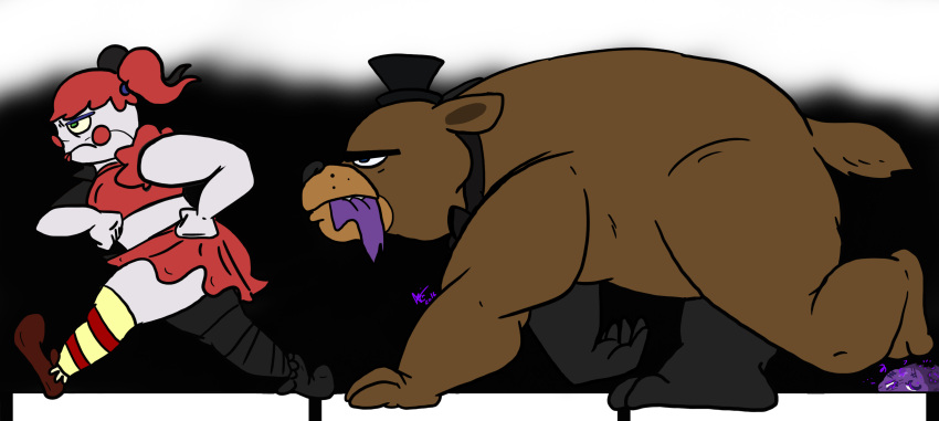 2016 absurd_res accessory animatronic artooper024 bear biped black_bow_tie black_clothing black_hat black_headwear black_nose blue_hair_tie bottomwear bow_tie brown_bear brown_clothing brown_footwear brown_shoes brown_tail cheek_spots circus_baby_(fnaf) clothing colored crop_top digital_drawing_(artwork) digital_media_(artwork) duo eyebrows fangs female feral five_nights_at_freddy's flat_colors floor footwear freddy_(fnaf) frown fur furrowed_brow green_eyes grumpy hair hair_accessory hair_tie hat headgear headwear hi_res humanoid larger_feral larger_male legwear lying machine male mammal marching multicolored_body multicolored_fur pattern_clothing pattern_footwear pattern_legwear pattern_socks pigtails purple_guy_(fnaf) quadruped raised_arm raised_leg red_bottomwear red_clothing red_crop_top red_hair red_nose red_shirt red_skirt red_topwear robot scottgames shirt shoes short_tail simple_background sister_location size_difference skirt smaller_female smaller_humanoid socks striped_clothing striped_footwear striped_socks stripes tail teeth topwear torn_clothing ursine white_body wounded yellow_clothing yellow_footwear yellow_socks