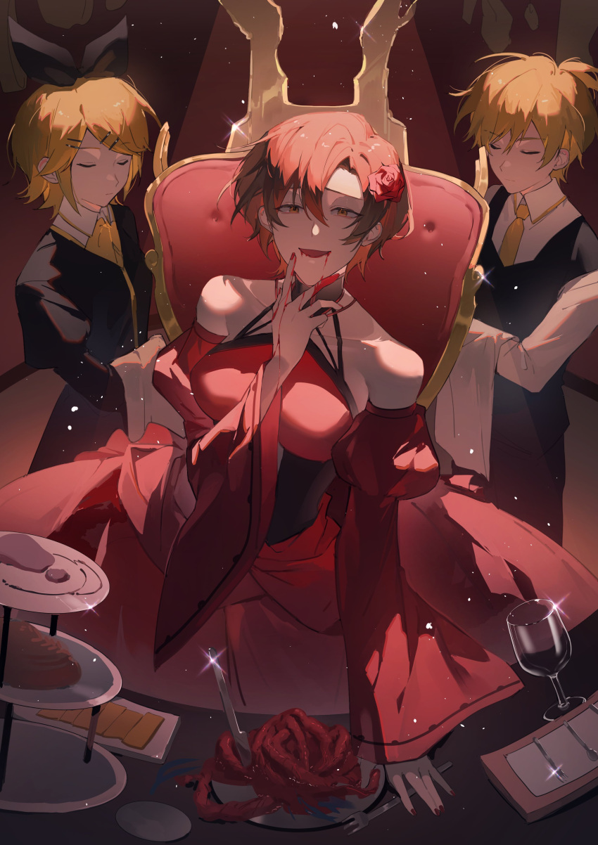 1boy 2girls absurdres akujiki_musume_conchita_(vocaloid) arte_(evillious_nendaiki) ascot ashtray banica_conchita bare_shoulders black_bow black_choker black_corset black_dress blonde_hair blood blood_from_mouth blood_on_hands blue_hair bow breasts brother_and_sister brown_eyes brown_hair choker closed_eyes collarbone collared_shirt corset cup cutlery detached_sleeves dorkyhuzzz dress drinking_glass entrails evillious_nendaiki fisheye flower fork guro hair_flower hair_ornament hairclip half-closed_eyes highres implied_cannibalism intestines kagamine_len kagamine_rin knife large_breasts long_sleeves meiko_(vocaloid) multiple_girls necktie organs pollo_(evillious_nendaiki) puffy_long_sleeves puffy_sleeves red_dress red_flower red_rose rose shirt shirt_under_dress siblings sitting sleeveless_blazer smile sparkle throne twins vocaloid wide_sleeves wine_glass yellow_ascot yellow_necktie