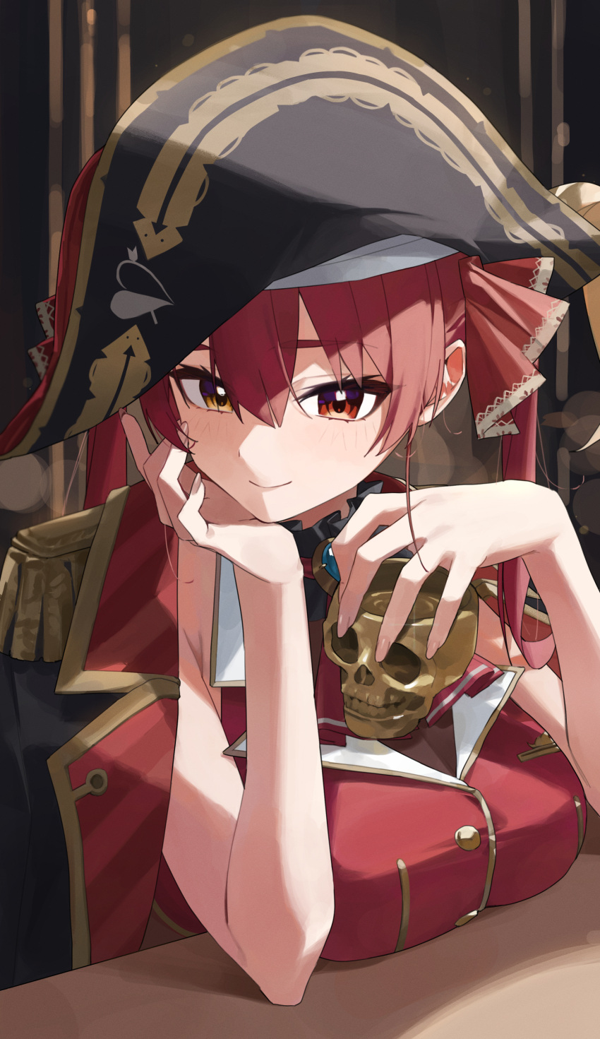 1girl absurdres bicorne black_coat black_leotard breasts brown_eyes cleavage coat cup d4kou16 hair_ribbon hand_on_own_face hat highres holding holding_cup hololive houshou_marine houshou_marine_(1st_costume) jacket large_breasts leotard long_hair looking_at_viewer purple_hair red_eyes red_hair red_jacket ribbon see-through see-through_leotard skin_tight skull_cup sleeveless sleeveless_jacket solo twintails two-sided_coat two-sided_fabric