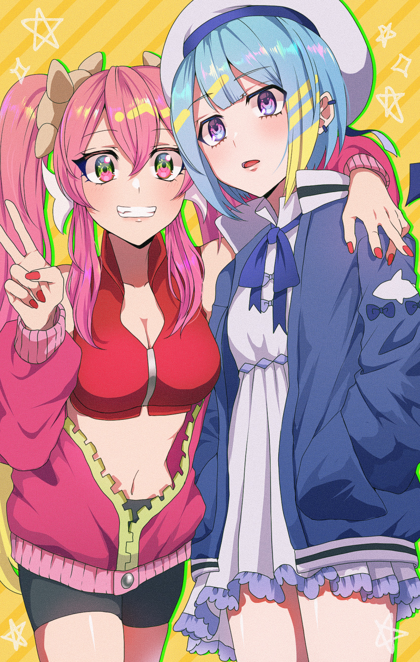 2girls arm_around_shoulder blonde_hair blue_eyes blue_hair breasts couple duel_monster green_eyes grin hand_on_another's_shoulder hat highres hug jacket ki-sikil_(yu-gi-oh!) large_breasts lil-la_(yu-gi-oh!) live_twin_ki-sikil live_twin_lil-la long_hair long_sleeves looking_at_viewer multicolored_hair multiple_girls navel open_clothes open_mouth partially_unzipped pink_hair pinyata_(pinyaland) purple_eyes short_hair side-by-side smile twintails v yu-gi-oh! yuri