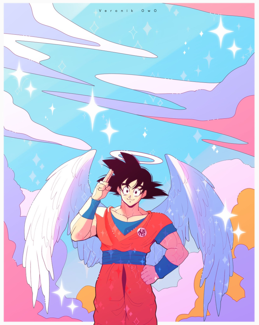 1boy angel angel_wings black_eyes black_hair cloud cloudy_sky dougi dragon_ball dragon_ball_z feathered_wings halo hand_on_own_hip highres long_hair looking_at_viewer muscular muscular_male salute sky smile solo son_goku spiked_hair sweatband veronik_owo white_wings wings