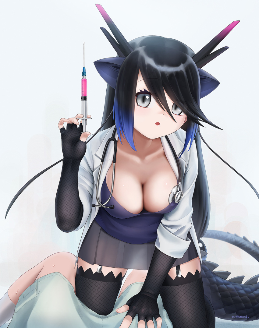 1girl beleven black_dragon_(kemono_friends) black_hair black_thighhighs blue_hair blue_shirt breasts cleavage coat collarbone dragon_ears dragon_girl dragon_tail elbow_gloves extra_ears fingerless_gloves fishnet_gloves fishnet_thighhighs fishnets garter_straps gloves grey_eyes grey_skirt hair_between_eyes highres holding holding_needle kemono_friends kemono_friends_3 lab_coat long_hair multicolored_hair needle open_clothes open_coat pleated_skirt pov shirt short_sleeves shorts sidelocks skirt socks syringe tail thighhighs white_coat white_socks zettai_ryouiki