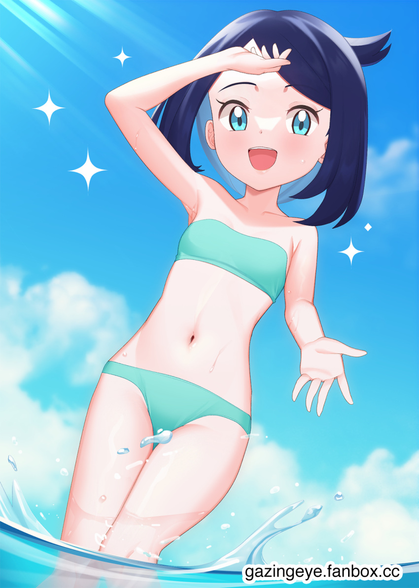 1girl :d arm_up bikini black_hair cloud commentary cowlick day eyelashes gazing_eye green_bikini green_eyes happy highres knees liko_(pokemon) looking_down midriff navel open_mouth outdoors pokemon pokemon_(anime) pokemon_horizons sky smile solo sparkle swimsuit teeth upper_teeth_only wading water water_drop watermark web_address