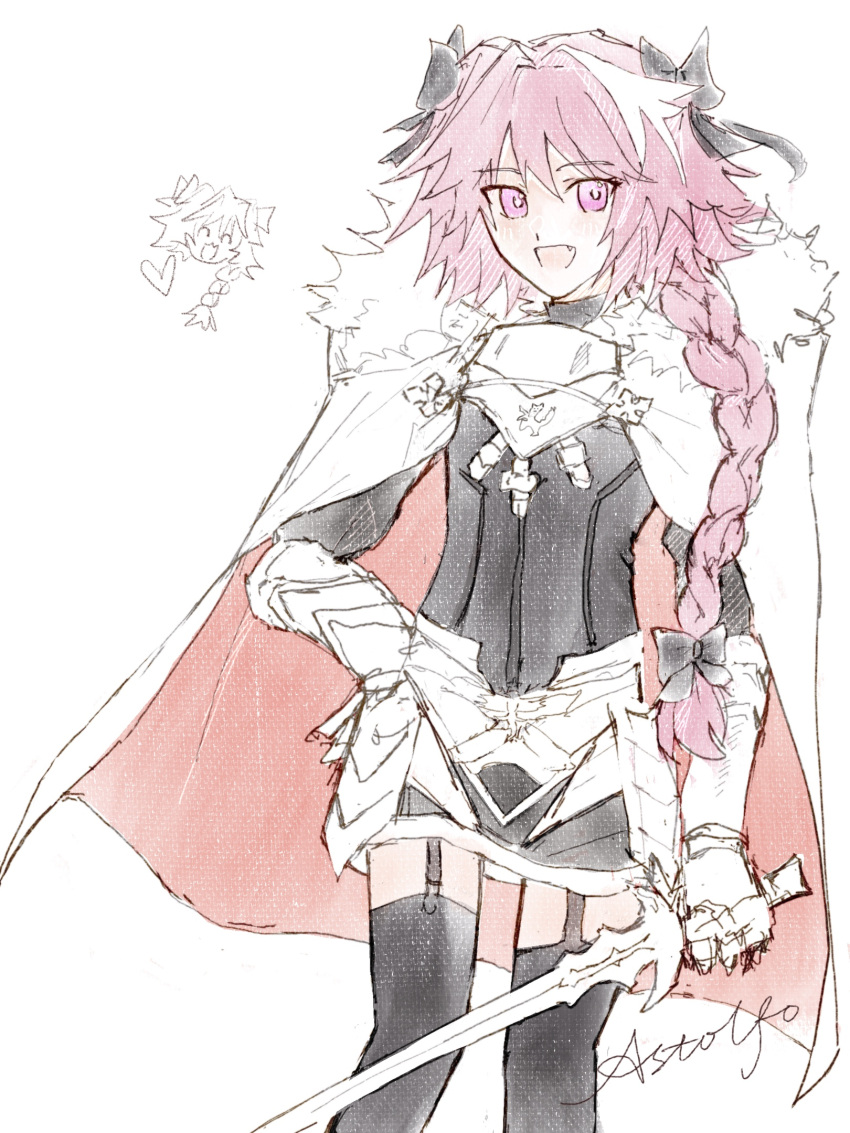 1boy :d armored_skirt astolfo_(fate) black_bow black_shirt black_thighhighs bow braid cape character_name fang fate/apocrypha fate/grand_order fate_(series) fur-trimmed_cape fur_trim garter_straps hair_bow hair_intakes hand_on_own_hip heart highres holding holding_sword holding_weapon long_braid male_focus multicolored_hair nacl. otoko_no_ko pink_hair purple_eyes shirt simple_background single_braid sketch skin_fang smile solo streaked_hair sword thighhighs two-sided_cape two-sided_fabric two-tone_hair weapon white_background white_cape white_footwear white_hair zettai_ryouiki