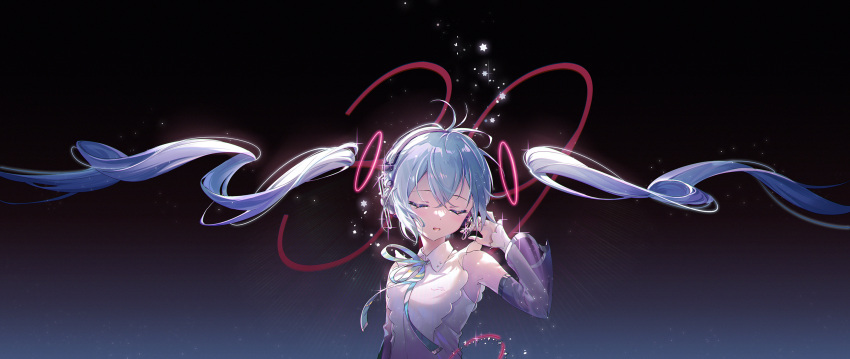 1girl 39 bare_shoulders black_sleeves blue_bow blue_bowtie blue_hair blue_ribbon bow bowtie breasts closed_eyes collared_shirt crossed_bangs detached_hair detached_sleeves eyelashes floating_clothes floating_hair glowing gradient_background hair_ornament hand_up hatsune_miku headphones headset highres layered_sleeves light_particles miku_day mole mole_under_each_eye mole_under_eye multiple_moles ouu_min parted_lips ribbon see-through see-through_sleeves shirt short_hair solo sparkle upper_body vocaloid white_shirt