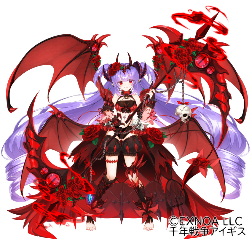 1girl ass_visible_through_thighs bare_shoulders barefoot bridal_gauntlets cape chain choker commentary company_name copyright_name curled_horns demon_horns demon_tail demon_wings drill_hair earrings fang flower hair_flower hair_ornament halterneck highres holding holding_scythe horns jewelry kanna_(chaos966) long_hair looking_at_viewer low_wings multiple_earrings multiple_horns multiple_wings official_art pigeon-toed pointy_ears purple_hair red_cape red_eyes red_flower red_ribbon red_rose red_wings ribbon rose roselyn_(sennen_sensou_aigis) scythe sennen_sensou_aigis simple_background skull smile solo spiked_wings standing tail tail_flower tail_ornament too_many_eyes two_side_up very_long_hair waist_cape white_background wings
