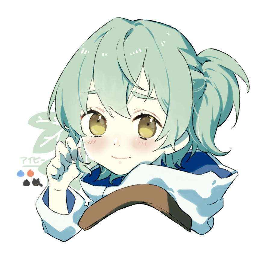 1girl caa15644 coat green_hair highres ivy_(saijaku_tamer) playing_with_own_hair saijaku_tamer_wa_gomi_hiroi_no_tabi_wo_hajimemashita simple_background white_background white_coat yellow_eyes