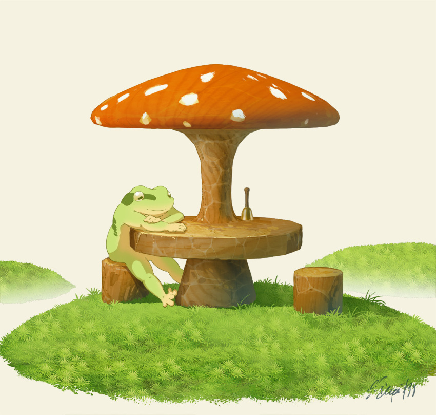 animal animal_focus bell commentary_request day elbow_rest frog grass hachiya_shohei highres hill log mushroom no_humans original outdoors signature sitting table