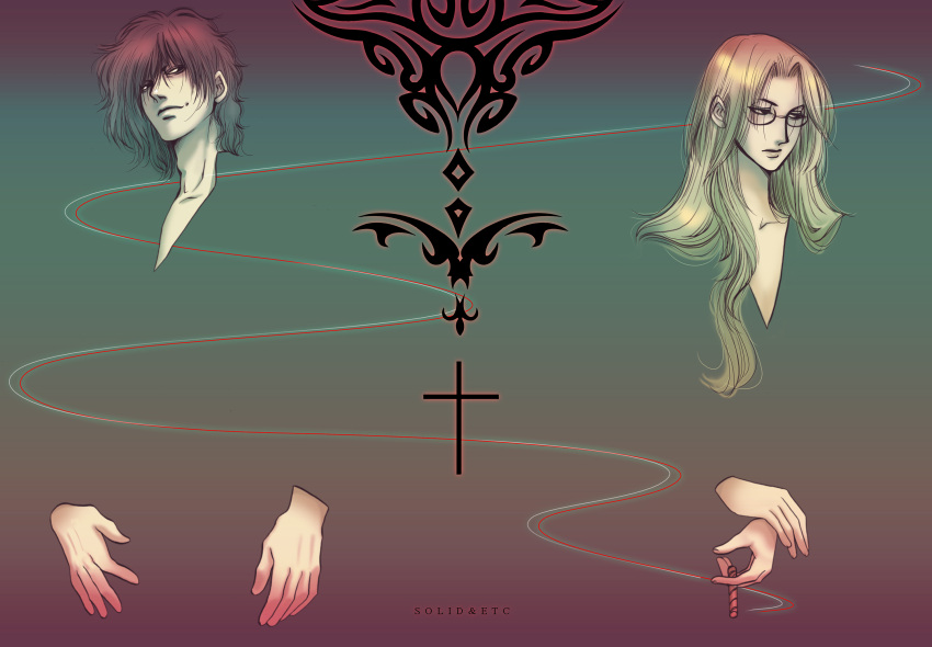 1boy 1girl alucard_(hellsing) blending collarbone cross flat_chest glasses hellsing highres integra_hellsing long_hair looking_to_the_side medium_hair toshimichi_yukari