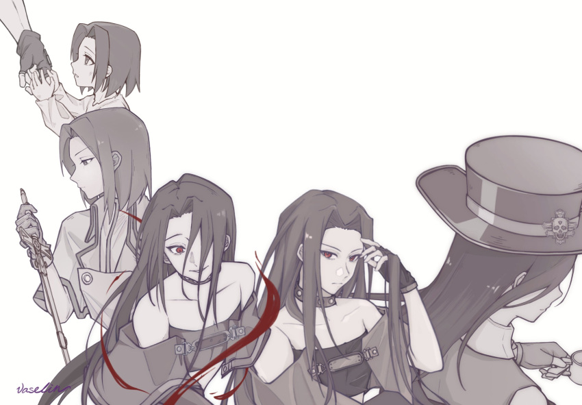 1other aged_down androgynous bare_shoulders black_hair child choker collar fingerless_gloves gloves guilty_gear guilty_gear_strive guilty_gear_x guilty_gear_xx hat highres long_hair medium_hair multiple_others other_focus red_eyes short_hair straight_hair studded_collar testament_(guilty_gear) top_hat vaselinwithout