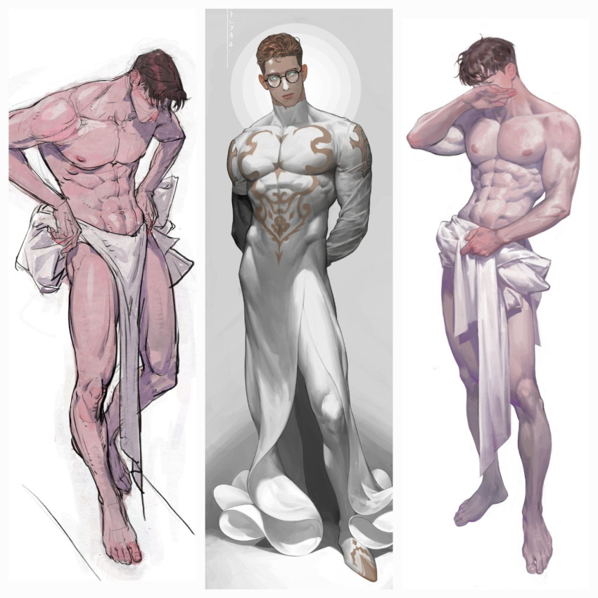 1boy abs an_kyoung arms_behind_back brown_hair closed_eyes clothes covering_face glasses green_eyes halo highres loincloth looking_at_viewer looking_down male_focus muscular muscular_male naked_towel navel nipples original pectorals short_hair skin_tight tight_clothes towel variations white_tunic
