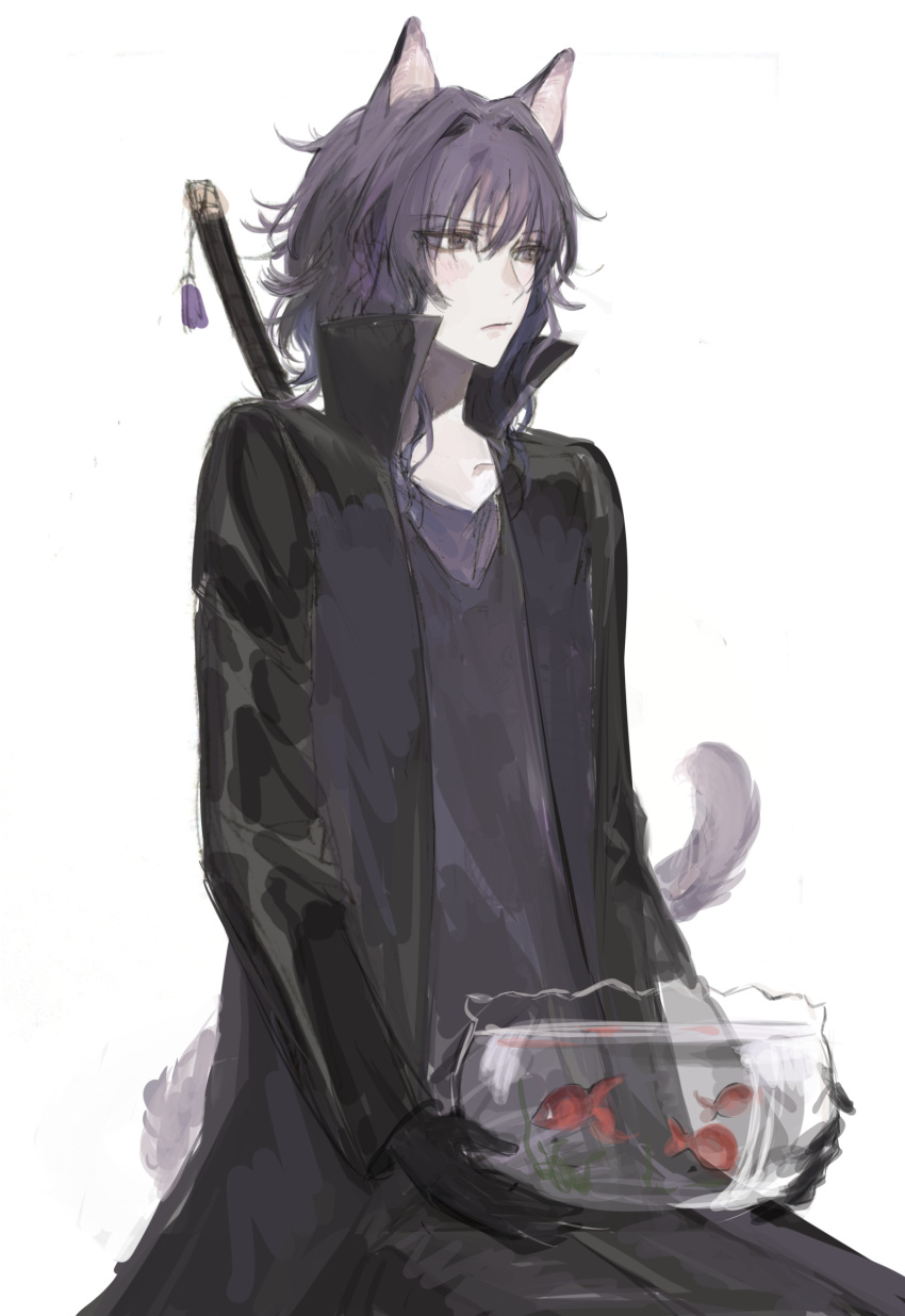 0615600312 1boy androgynous animal_ears black_coat black_eyes black_gloves blush cat_boy cat_ears coat fish fishbowl gloves goldfish hair_intakes highres hilt holding k-project looking_to_the_side male_focus medium_hair mishakuji_yukari open_clothes open_coat purple_hair purple_shirt shirt sitting solo tassel weapon_behind_back white_background