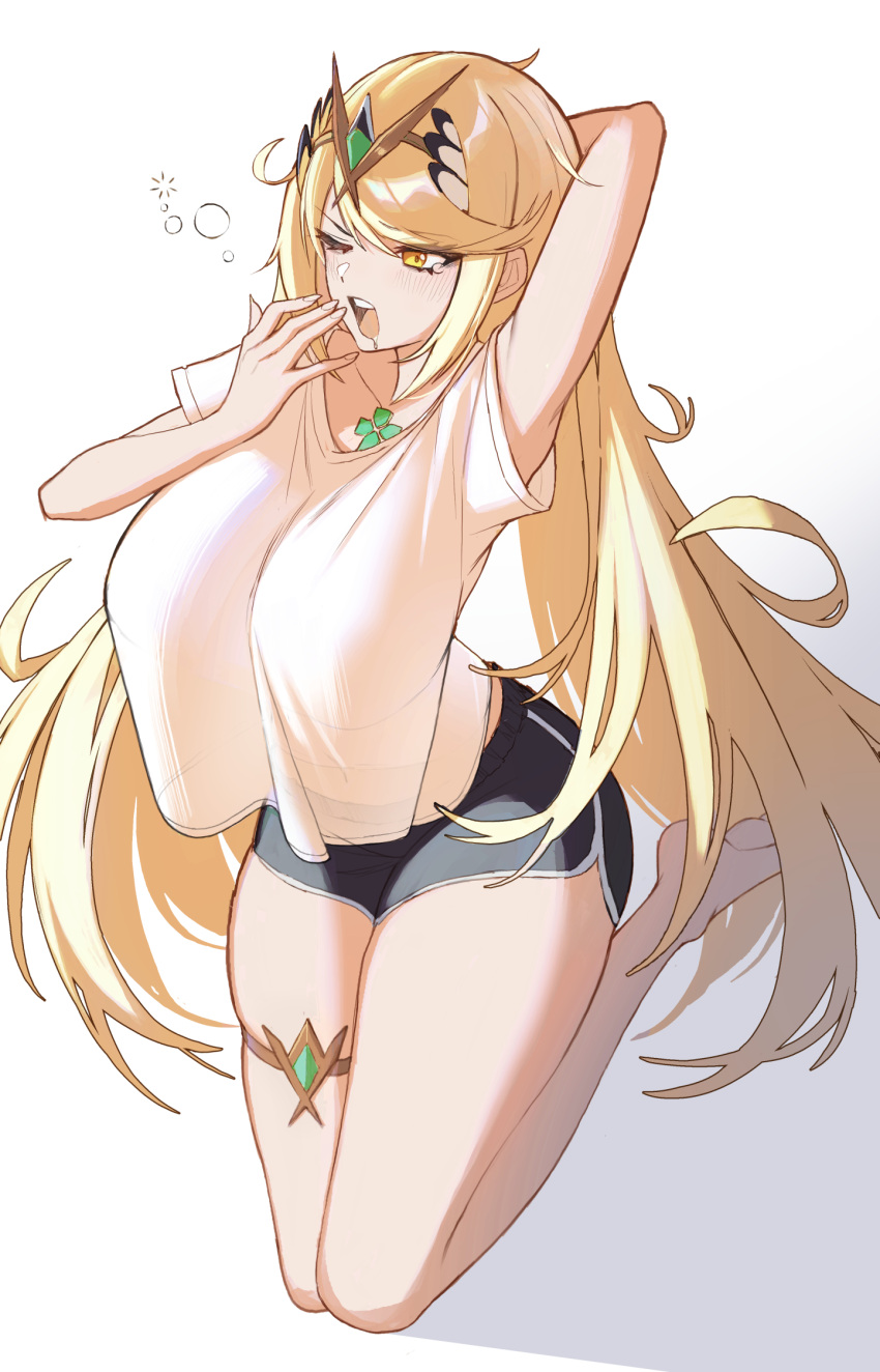 1girl arms_behind_head blonde_hair breasts dolphin_shorts english_commentary highres large_breasts long_hair mythra_(xenoblade) one_eye_closed open_mouth psidubs shorts simple_background solo teeth thigh_strap tongue very_long_hair white_background xenoblade_chronicles_(series) xenoblade_chronicles_2 yawning yellow_eyes