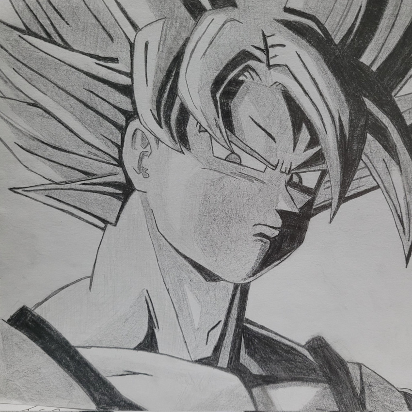 1boy cel_shading dougi dragon_ball dragon_ball_z greyscale highres looking_down male_focus malphier monochrome muscular muscular_male portrait practice saiyan solo son_goku spiked_hair super_saiyan super_saiyan_1 toriyama_akira_(style) traditional_media upper_body