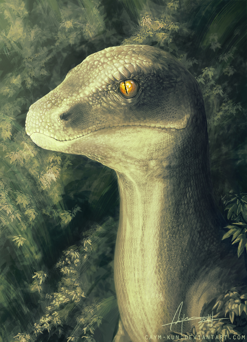 2014 absurd_res ambiguous_feral ambiguous_gender bust_portrait caymartworks detailed detailed_eyes detailed_scales digital_media_(artwork) digital_painting_(artwork) dinosaur dromaeosaurid feral glistening glistening_eyes hi_res leaf long_mouth long_neck nature nature_background orange_eyes plant portrait pupils redraw reptile restricted_palette scales scalie shrub side_view slit_pupils tan_body tan_scales theropod velociraptor