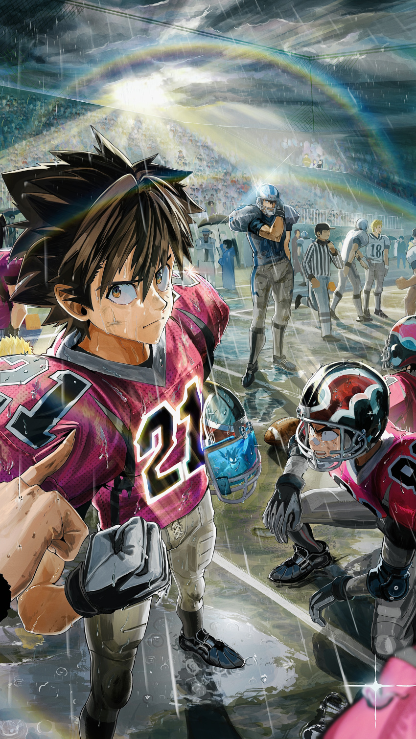 6+boys absurdres american_football american_football_(object) american_football_helmet ball bandaid bandaid_on_face bandaid_on_nose black_hair clenched_hand closed_mouth cloud day eyeshield_21 gloves hat helmet highres kobayakawa_sena multiple_boys ossan_zabi_190 outdoors pants raimon_tarou rain rainbow sakuraba_haruto seijuro_shin short_hair sky water_drop yellow_eyes